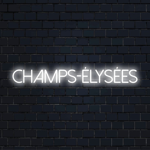 Champs Lys Es Neon Sign, soft neon glow on dark brick wall