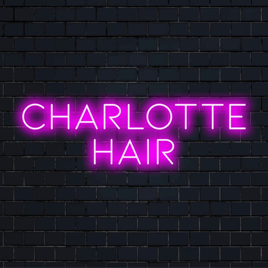 Charlotte Hair Personalized LED Neon Sign, glowing neon text against brick backdrop