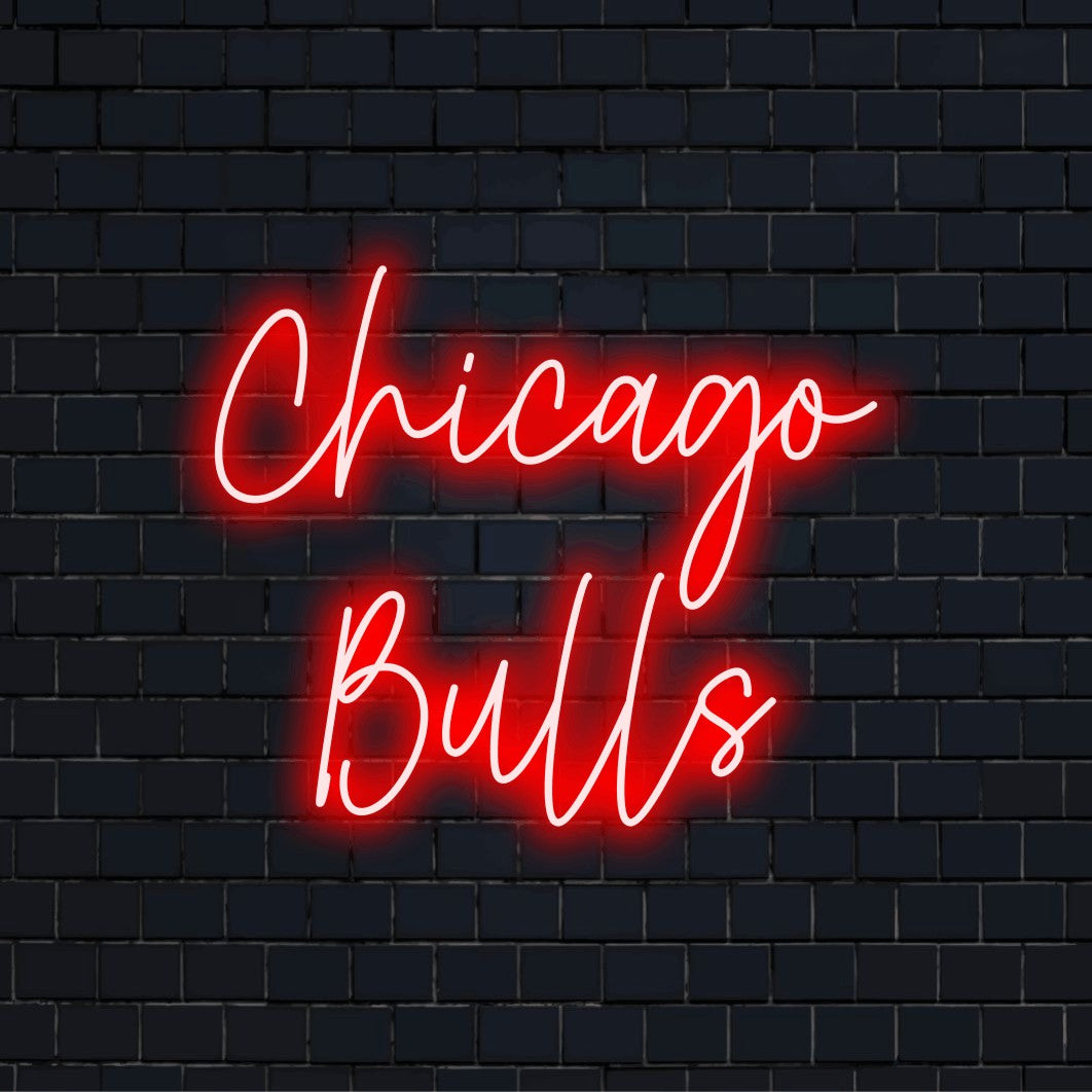 Chicago Bulls Neon Sign, glowing neon text on dark brick wall