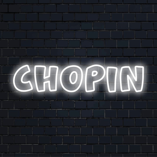 Chopin LED Neon Sign, glowing wall decor on dark brick wall
