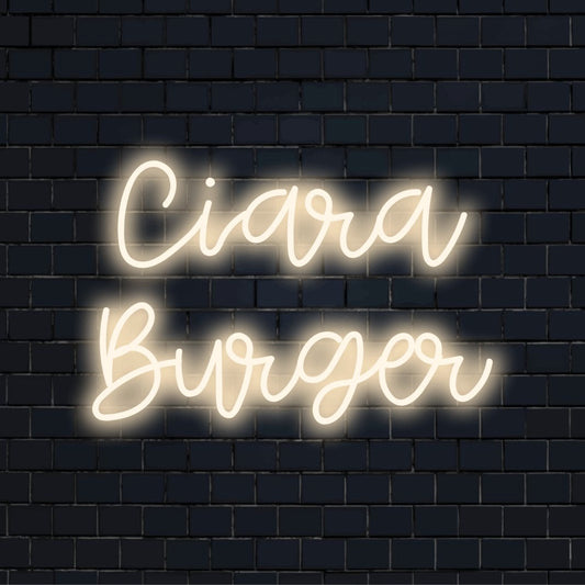 Ciara Burger Custom Name Neon Sign, bright LED glow on black brick background