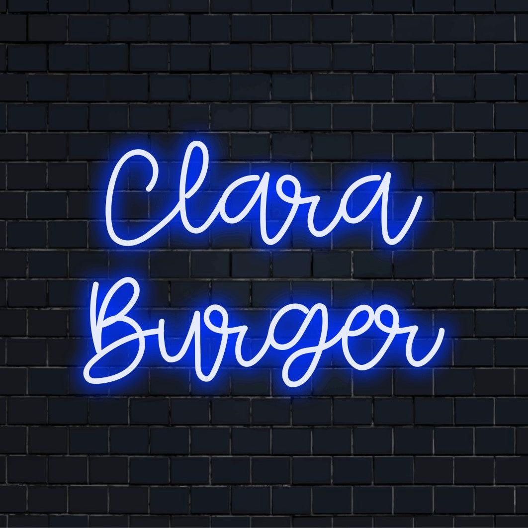 Clara Burger Personalized LED Neon Sign, bright neon glow on dark brick wall