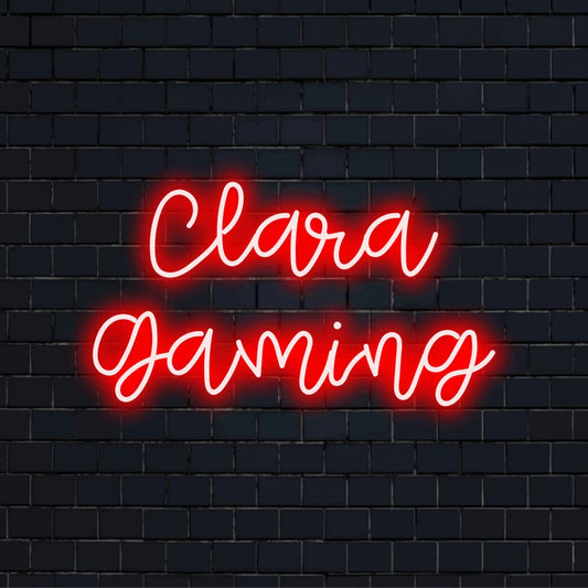 Clara Gaming Personalized Neon Light with glowing lettering on dark brick background