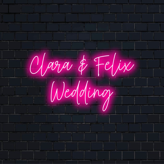 Clara _ Felix Wedding Custom Name Neon Sign, neon text light against black brick wall