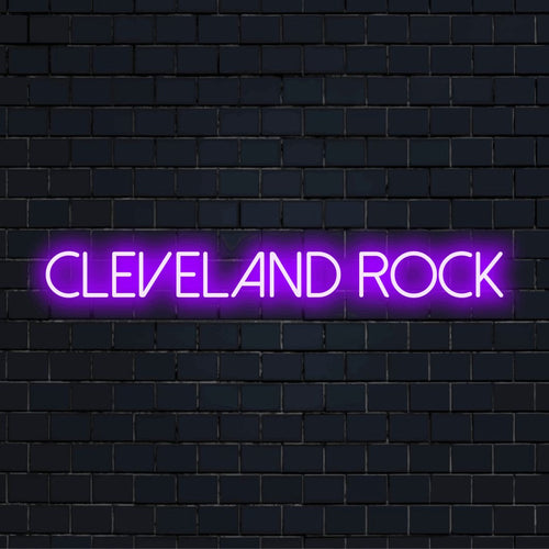 Cleveland Rock LED Neon Sign, glowing neon text on dark brick background