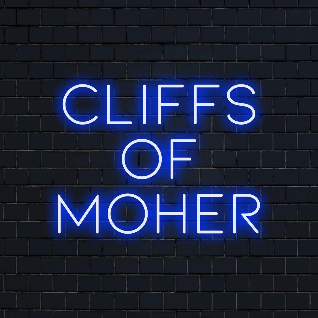 Cliffs Of Moher LED Neon Sign, glowing lettering against black brick wall