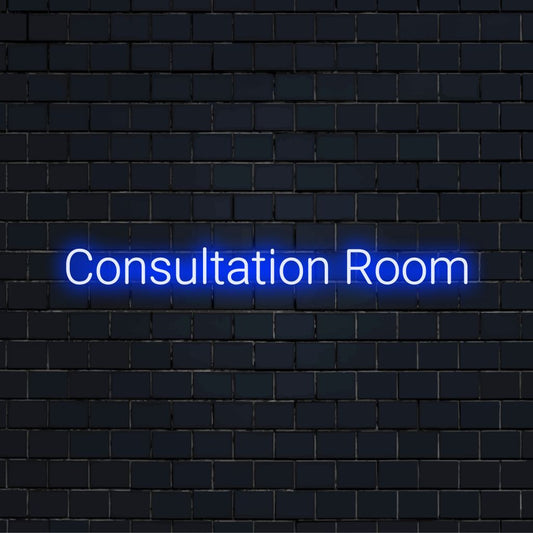 Consultation Room Neon Sign, neon text light against brick backdrop
