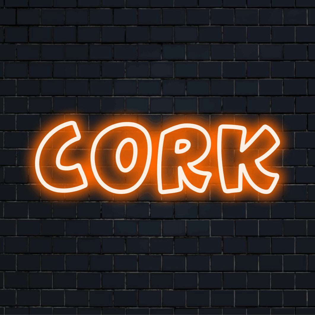 Cork LED Neon Sign, glowing wall decor on black brick background