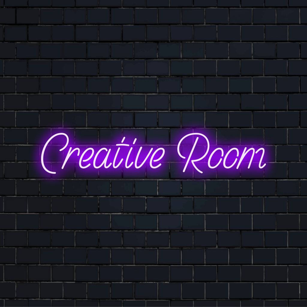 Creative Room Neon Sign, soft neon glow against brick backdrop