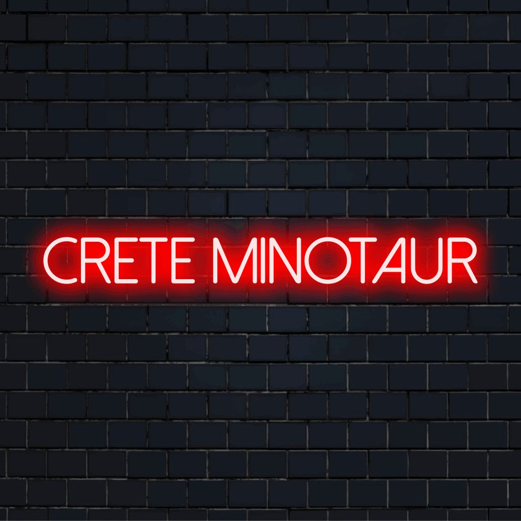 Crete Minotaur Neon Sign, glowing neon text against brick backdrop