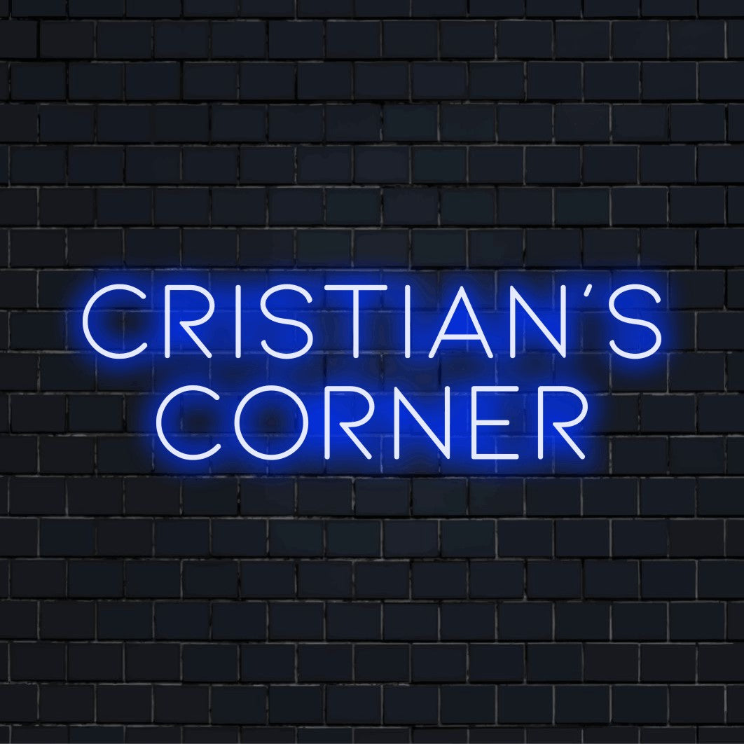 Cristian_s Corner Custom Name Neon Sign, glowing neon text against black brick wall