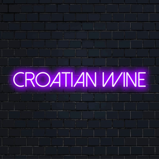 Croatian Wine Neon Sign, soft neon glow against black brick wall