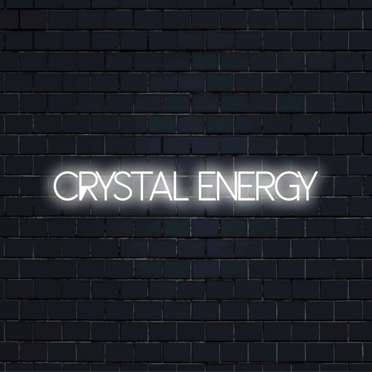 Crystal Energy LED Neon Sign, bright LED glow on dark brick wall