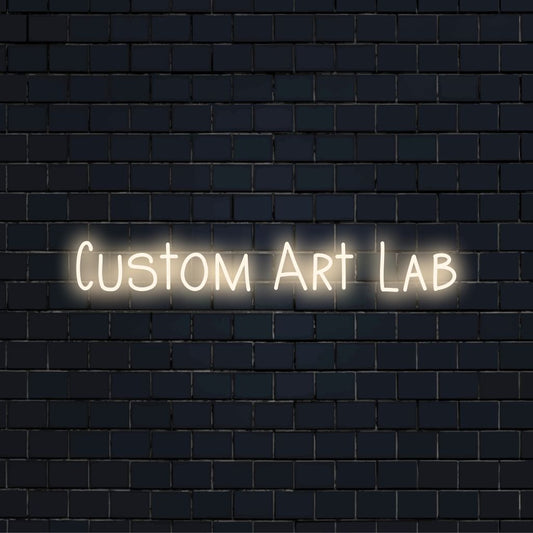 Custom Art Lab LED Neon Sign, bright LED glow on black brick background