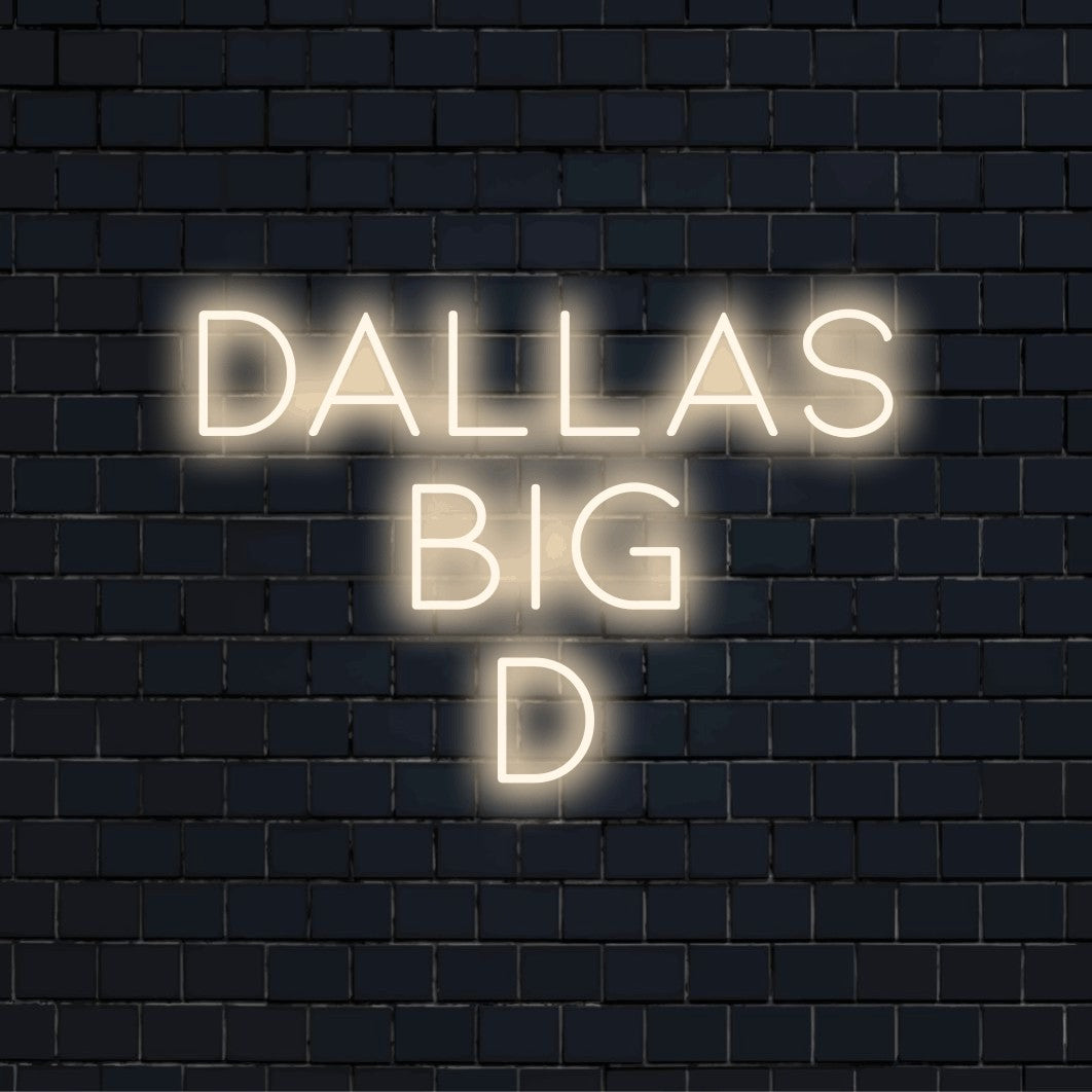 Dallas Big D LED Neon Sign, bright LED glow against black brick wall
