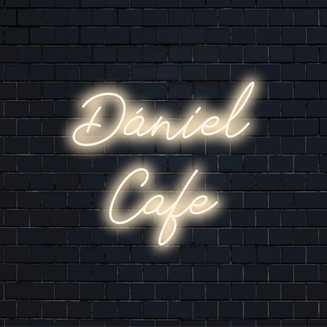Daniel Cafe Custom Name Neon Sign, glowing wall decor on dark brick background