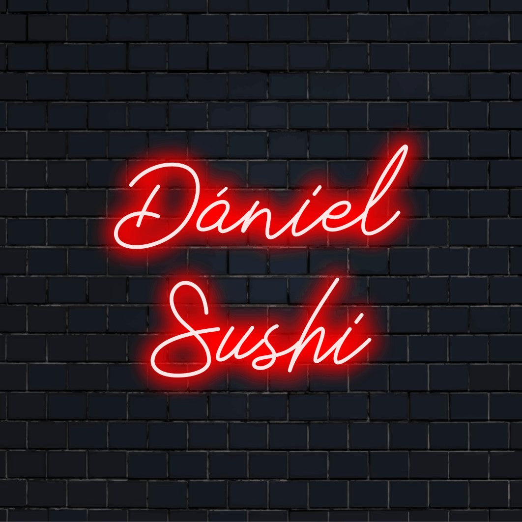Daniel Sushi Personalized LED Neon Sign, glowing wall decor against black brick wall