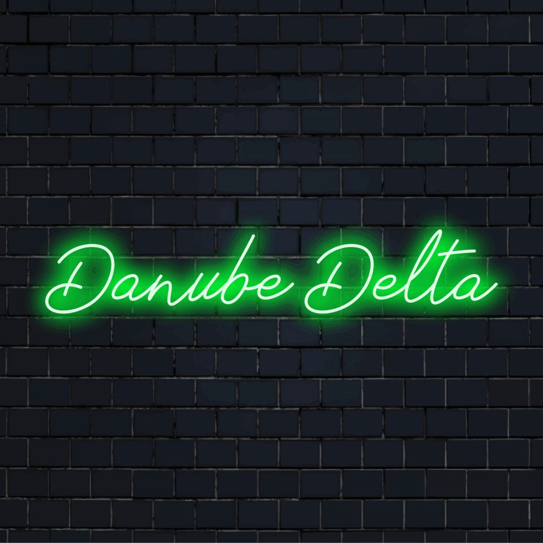 Danube Delta Neon Sign, glowing neon text against brick backdrop