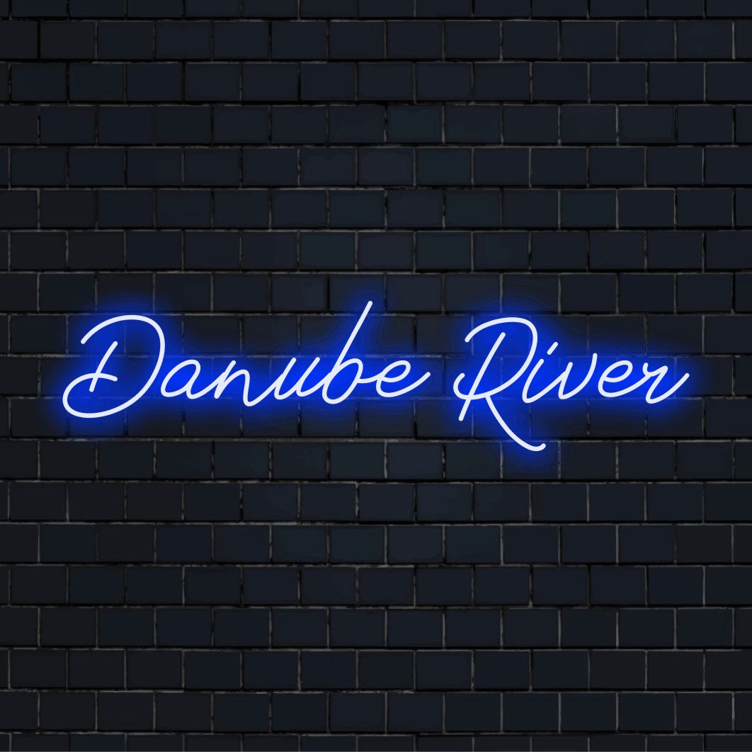 Danube River LED Neon Sign, glowing neon text on dark brick background