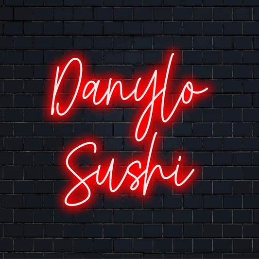 Danylo Sushi Personalized LED Neon Sign, glowing wall decor on dark brick wall