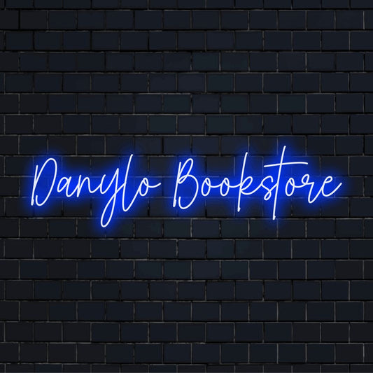 Danylo Bookstore Personalized LED Neon Sign, glowing neon text on black brick background