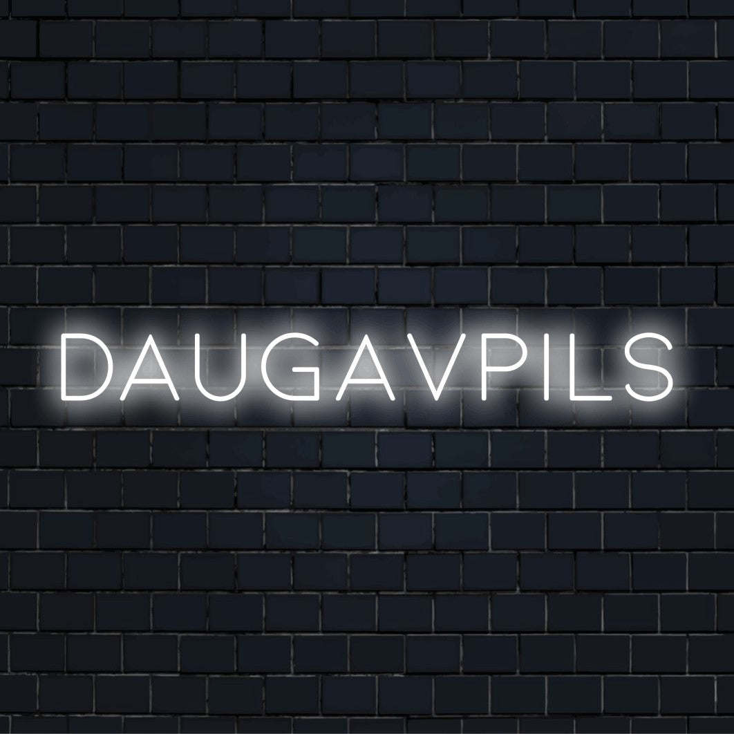 Daugavpils LED Neon Sign, bright LED glow on dark brick background