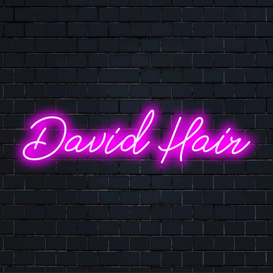 David Hair Custom Name Neon Sign, soft neon glow against brick backdrop
