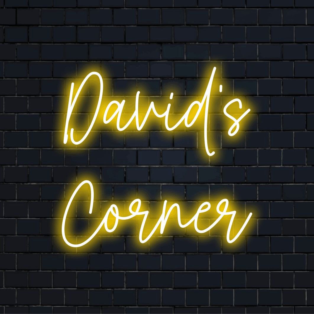 David_s Corner Personalized LED Neon Sign, neon text light on dark brick background