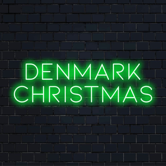 Denmark Christmas LED Neon Sign, glowing neon text on black brick background