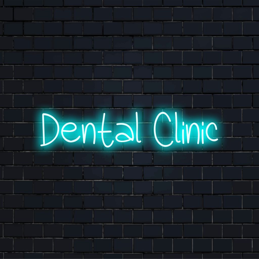 Dental Clinic LED Neon Sign, bright neon glow against brick backdrop