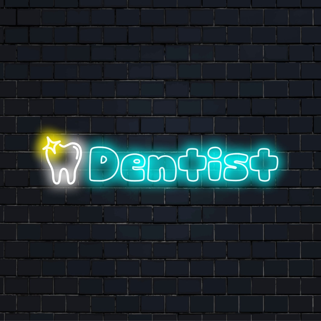 Dentist Plus Neon Sign, bright LED glow against brick backdrop