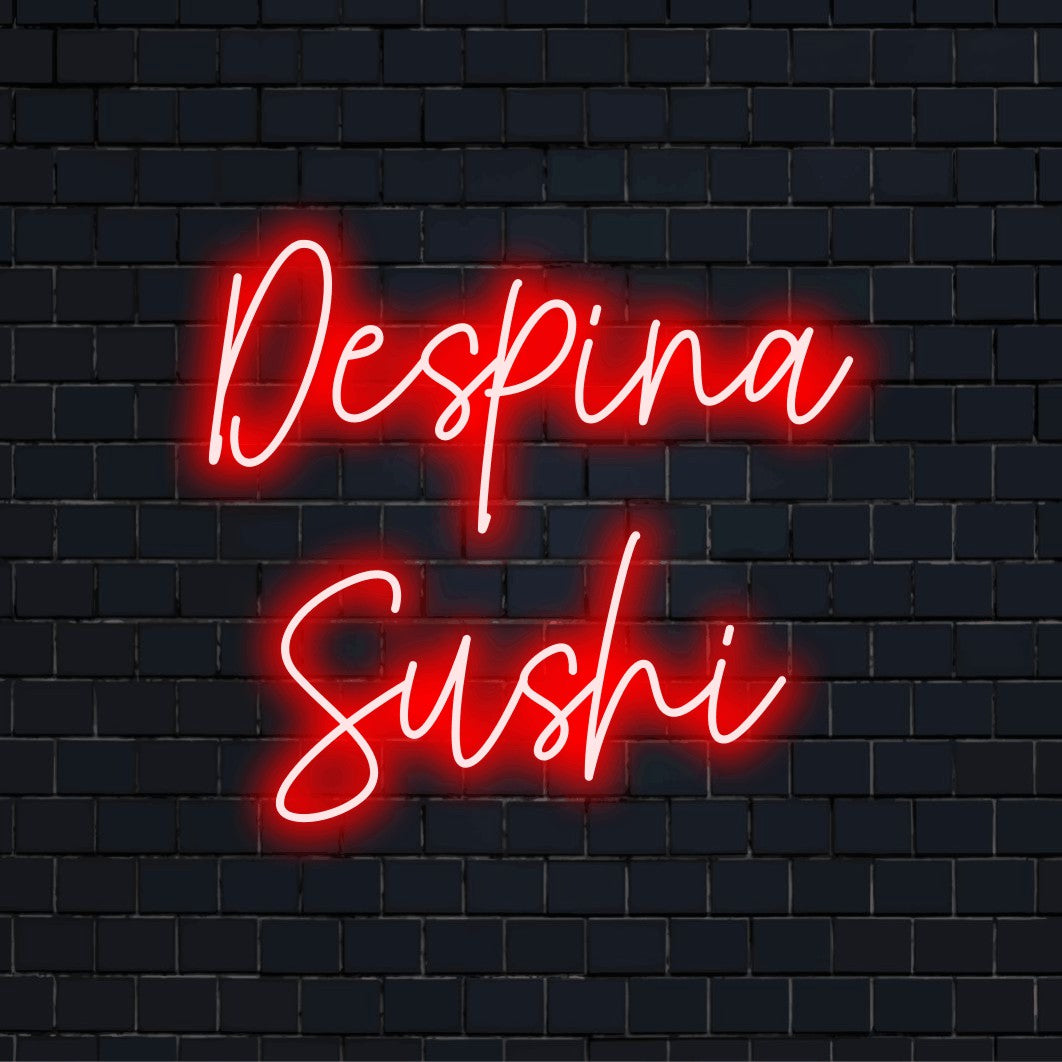Despina Sushi Custom Name Neon Sign, bright neon glow on dark brick wall