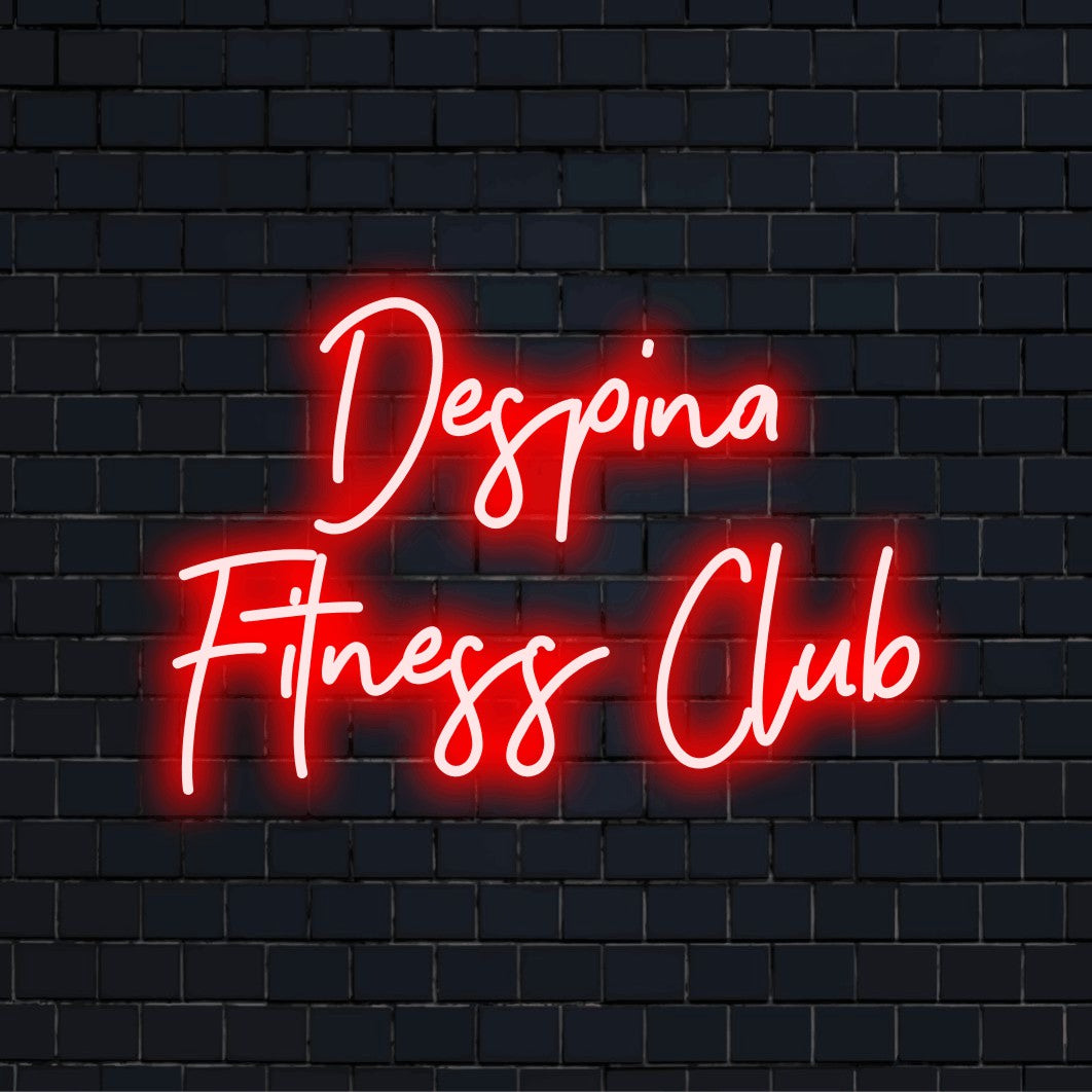 Despina Fitness Club Personalized LED Neon Sign, bright neon lettering on dark brick wall