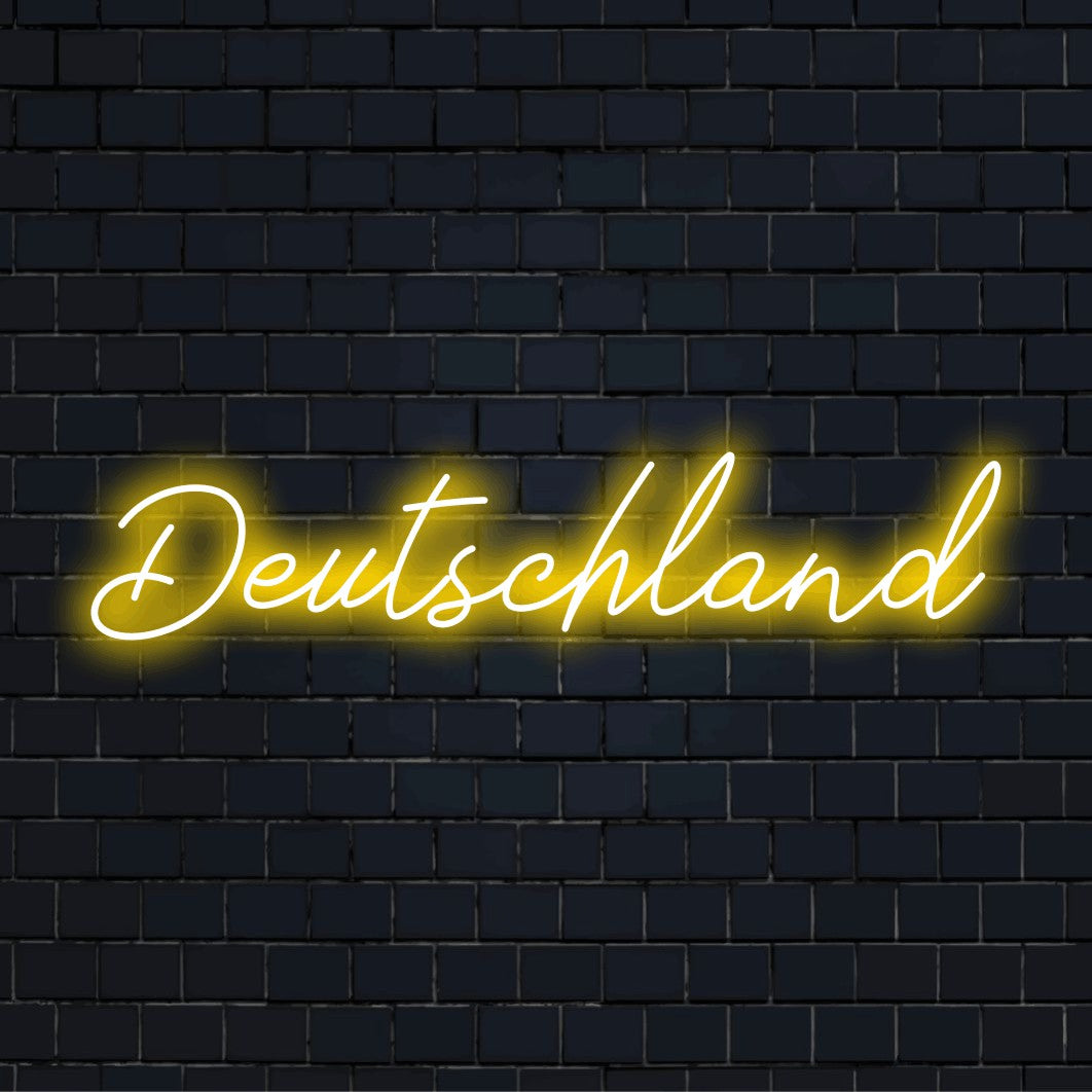 Deutschland LED Neon Sign, soft neon glow on black brick background