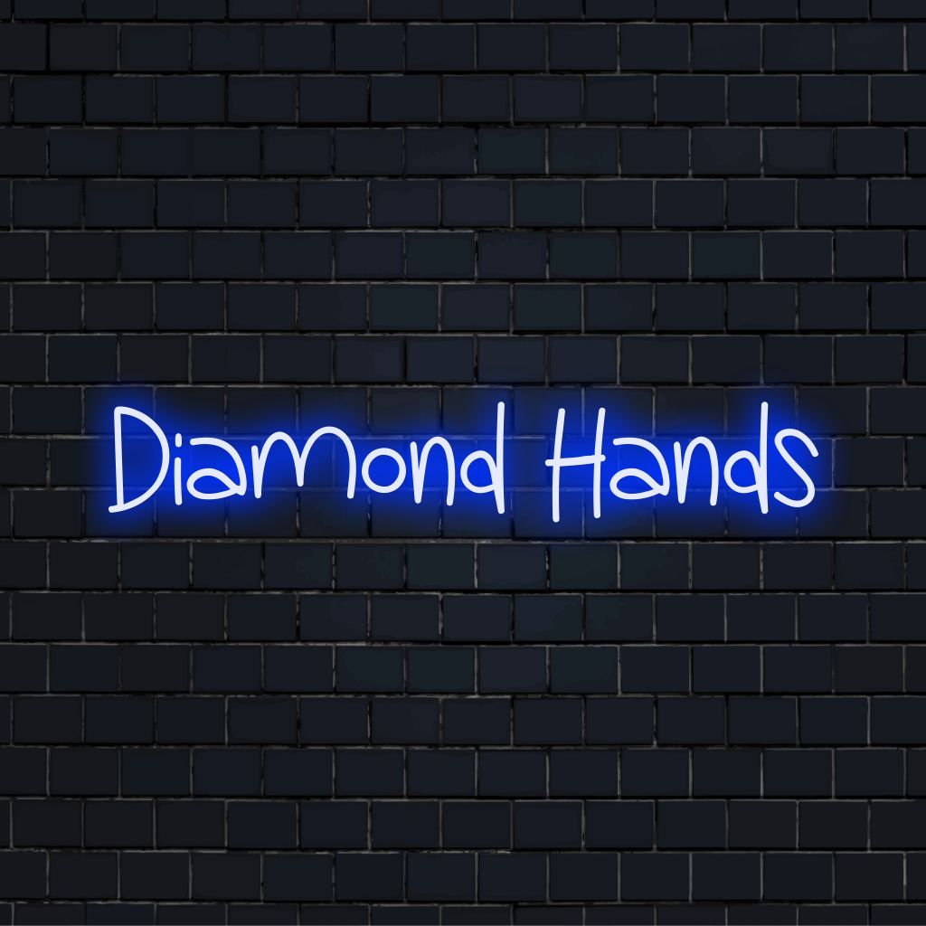 Diamond Hands LED Neon Sign, bright neon glow on black brick background