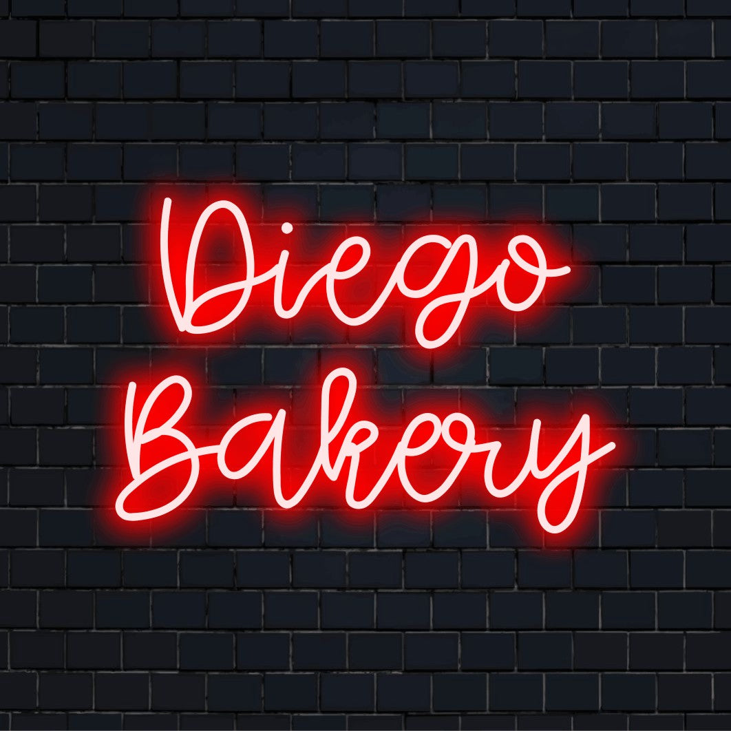 Diego Bakery Personalized LED Neon Sign, soft neon glow on dark brick background