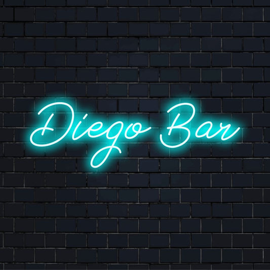 Diego Bar Personalized LED Neon Sign, glowing neon text on black brick background