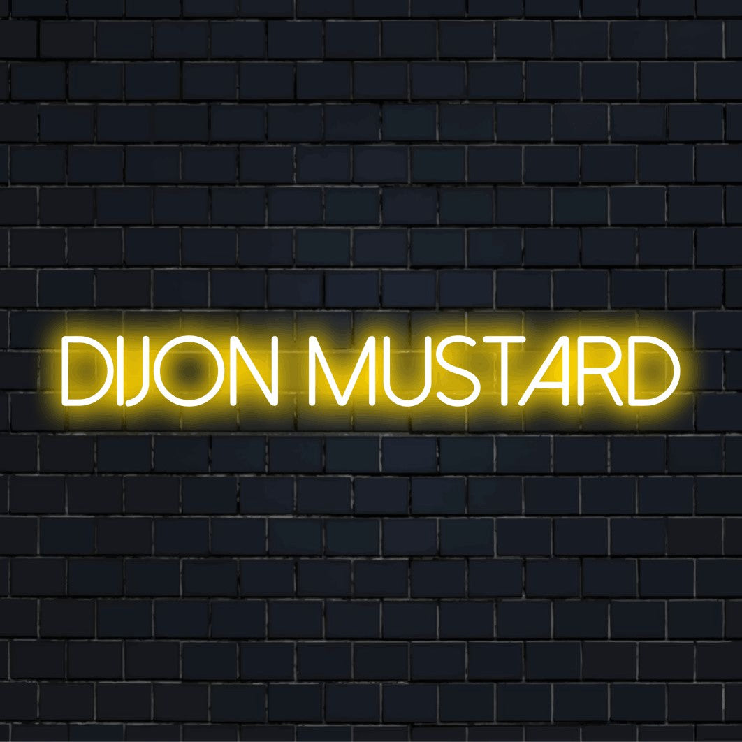 Dijon Mustard LED Neon Sign, bright LED glow against brick backdrop