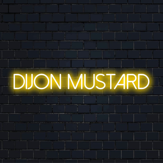 Dijon Mustard LED Neon Sign, bright LED glow against brick backdrop