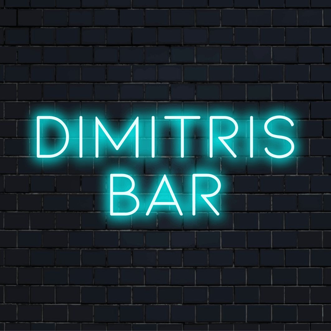 Dimitris Bar Custom Name Neon Sign, bright neon glow on dark brick background