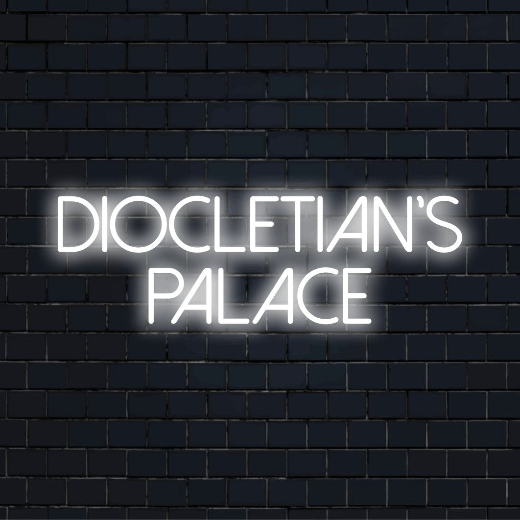 Diocletian S Palace Neon Sign, glowing lettering on dark brick wall