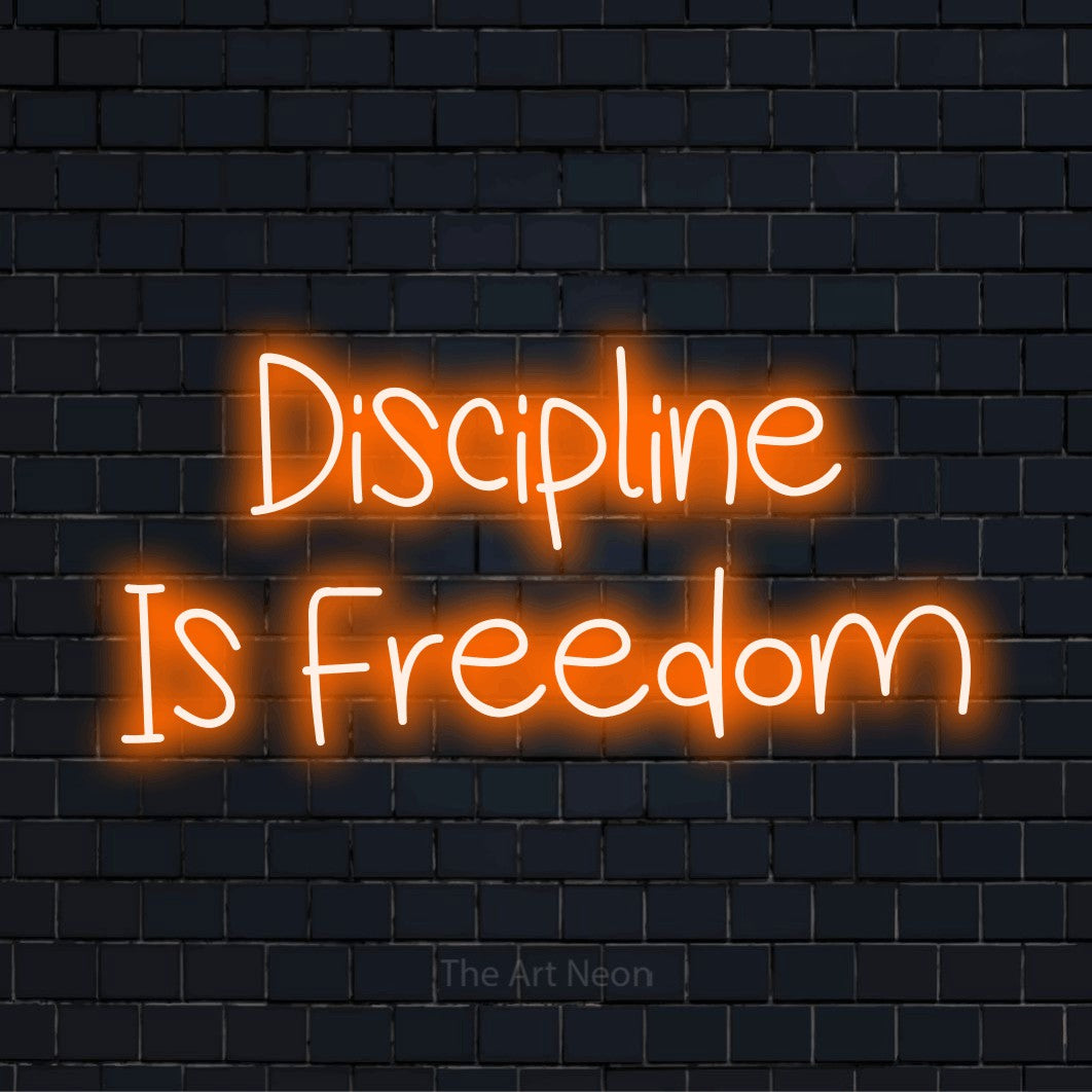 "Discipline Is Freedom" neon text design on a black brick wall