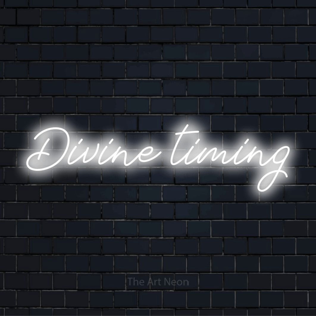 "Divine Timing" glowing LED neon sign on a black brick wall