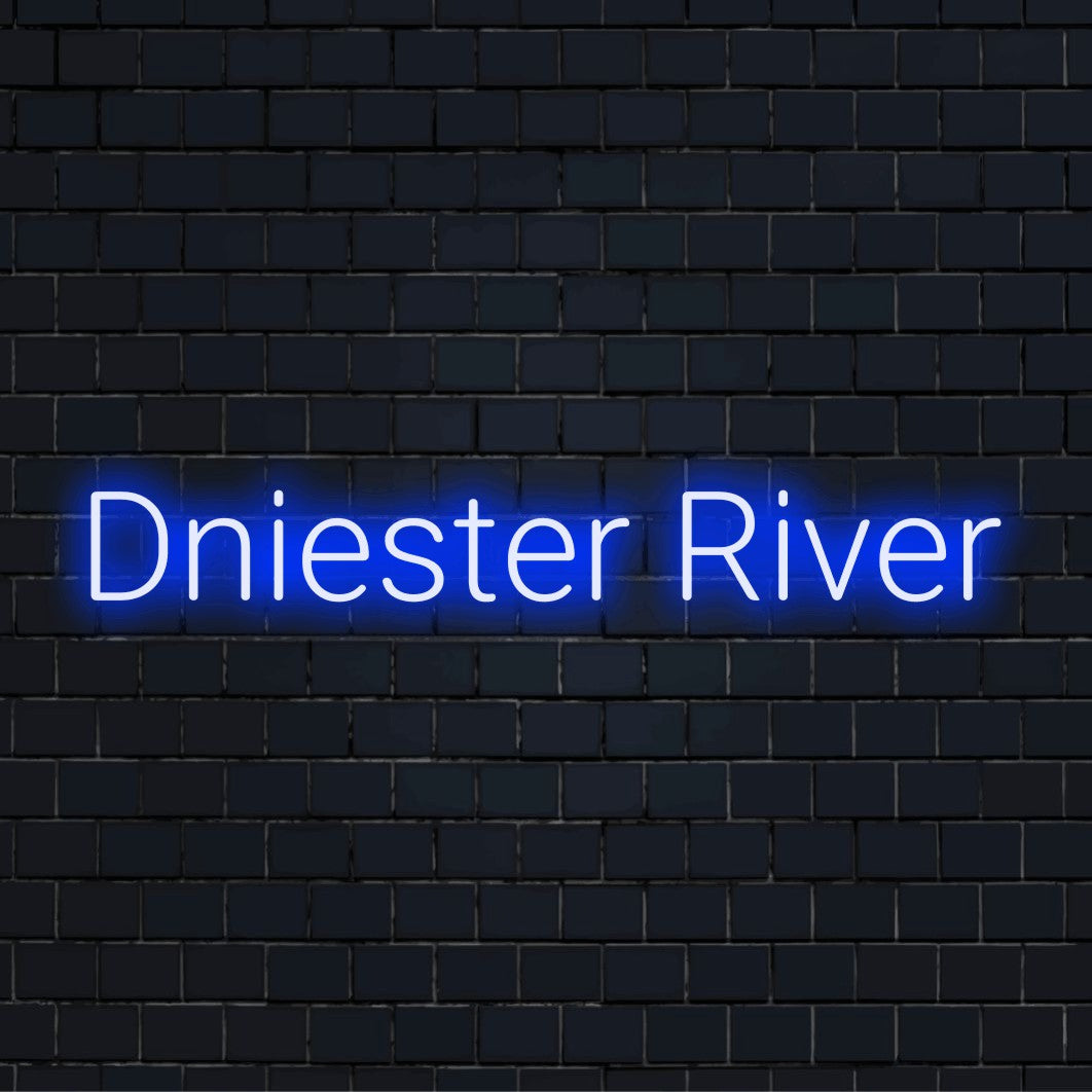 Dniester River Neon Sign, bright neon glow against black brick wall