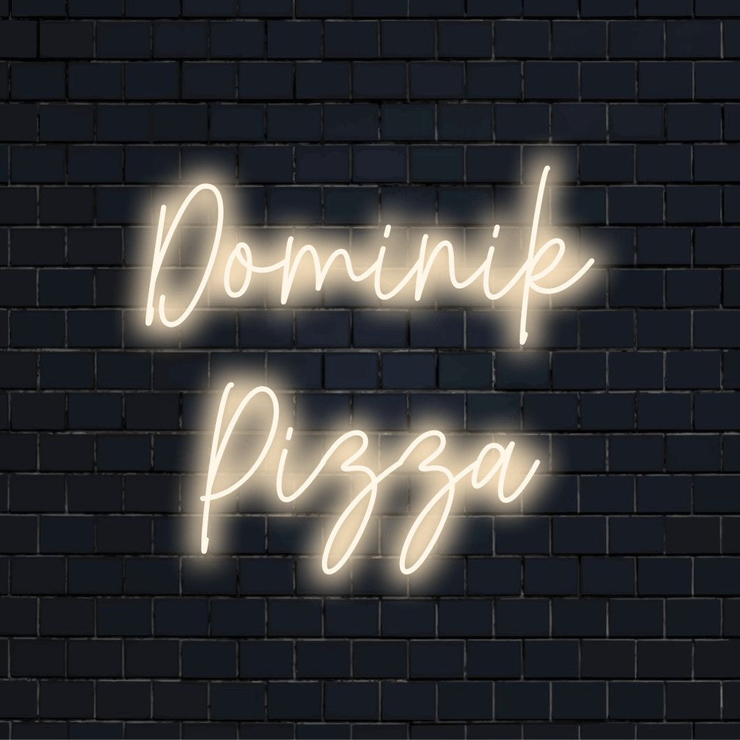 Dominik Pizza Personalized LED Neon Sign, bright neon lettering against brick backdrop