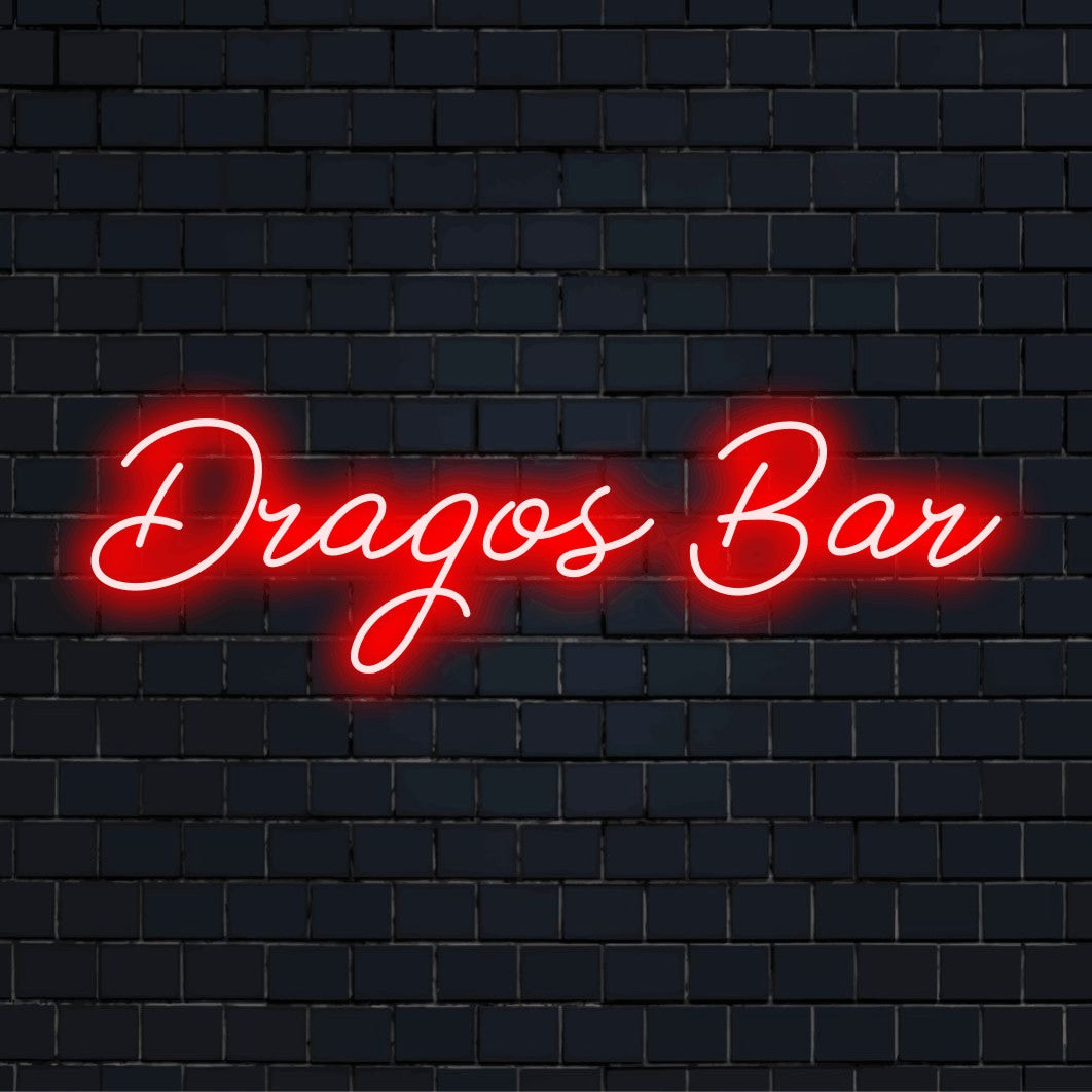 Dragos Bar Personalized LED Neon Sign, bright neon glow on dark brick wall