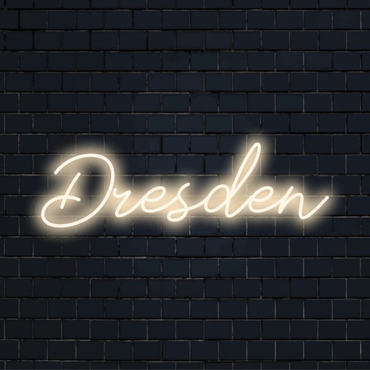 Dresden Neon Sign, neon text light on black brick background