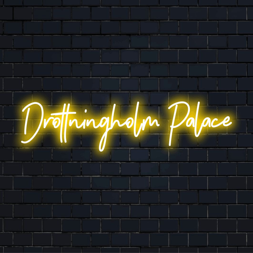 Drottningholm Palace LED Neon Sign, bright LED glow against brick backdrop