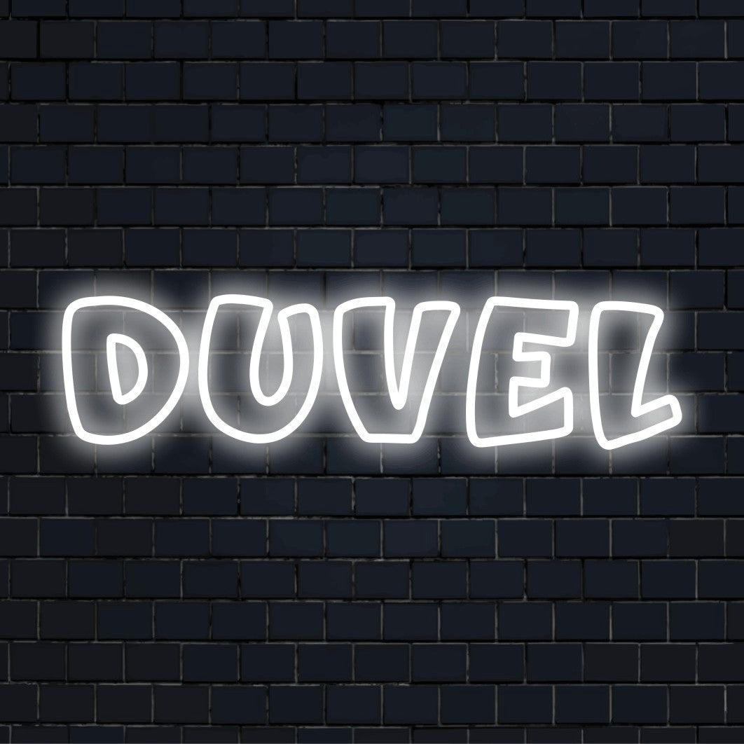 Duvel Neon Sign, soft neon glow on dark brick wall