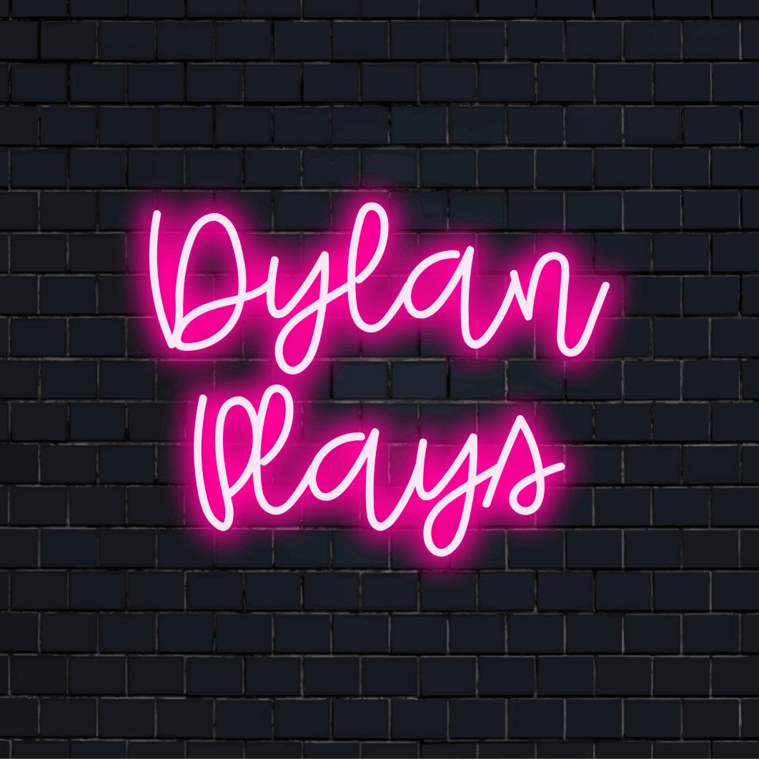 Dylan Plays Personalized LED Neon Sign, bright LED glow against black brick wall